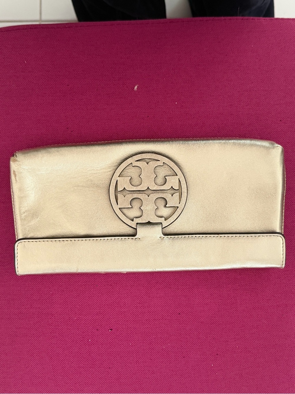 Tory Burch Gold Leather Fold-Over Clutch with Logo Emblem